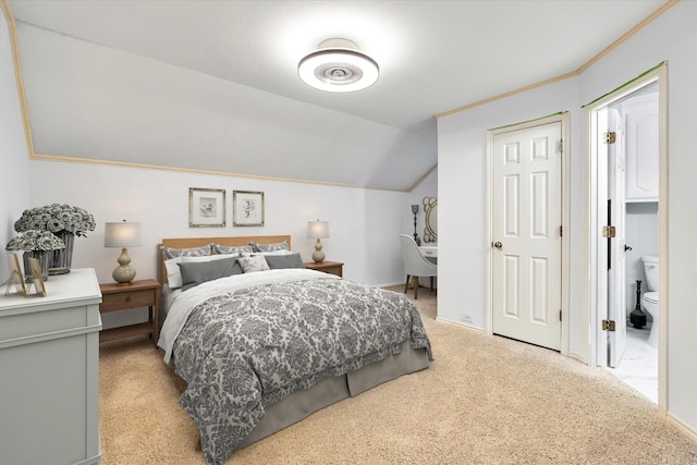 bedroom with light colored carpet, ornamental molding, and vaulted ceiling