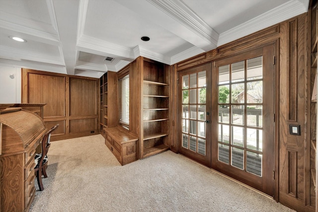 entryway with beamed ceiling, a notable chandelier, light hardwood / wood-style floors, and a high ceiling