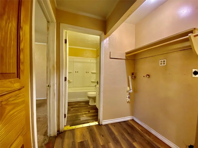 interior space featuring dark wood-type flooring and ornamental molding