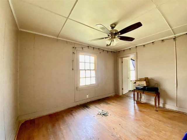 spare room with ceiling fan and light wood-type flooring