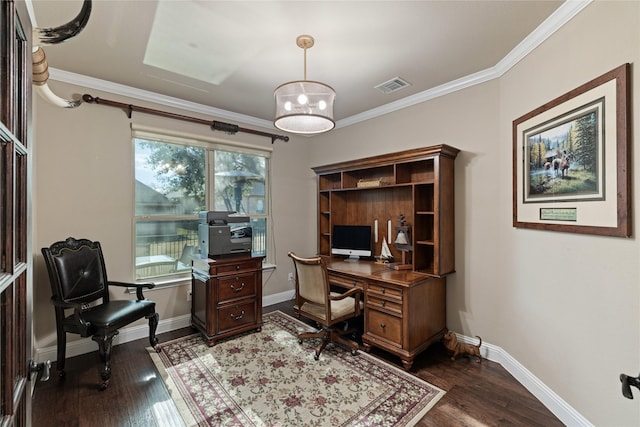 office area with dark hardwood / wood-style flooring and crown molding