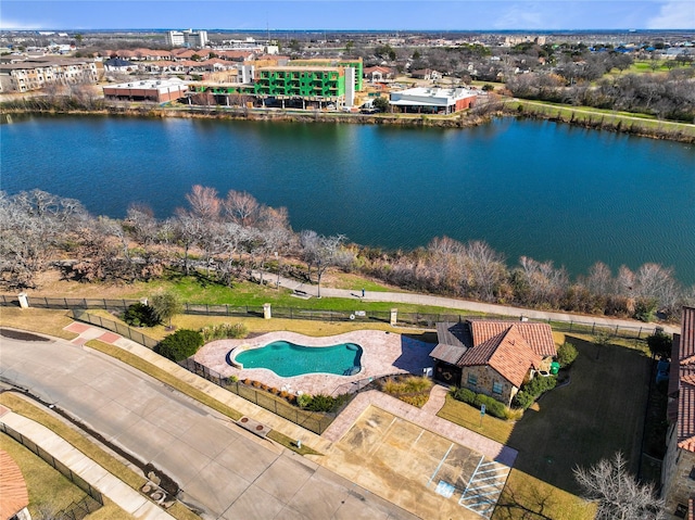 drone / aerial view featuring a water view