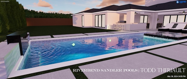 6006 Meadow Crst, Dallas, TX 75230 - swimming pool with ceiling fan, a patio, an outdoor living space, and a fenced backyard