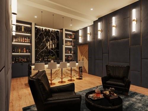 wine area featuring light hardwood / wood-style flooring and bar