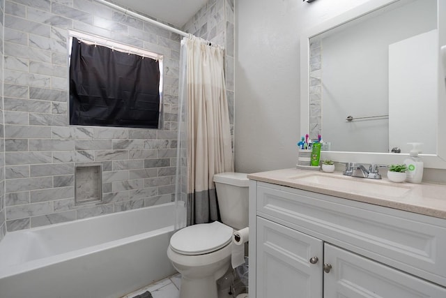 full bathroom featuring vanity, toilet, and shower / bathtub combination with curtain