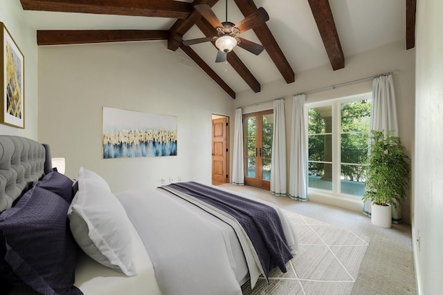 carpeted bedroom with ceiling fan and vaulted ceiling with beams