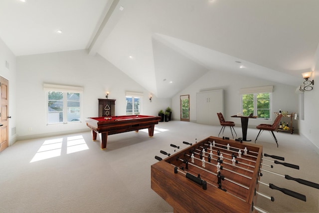 playroom with beam ceiling, pool table, high vaulted ceiling, and light carpet