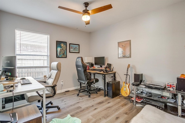 office space featuring ceiling fan and light hardwood / wood-style floors