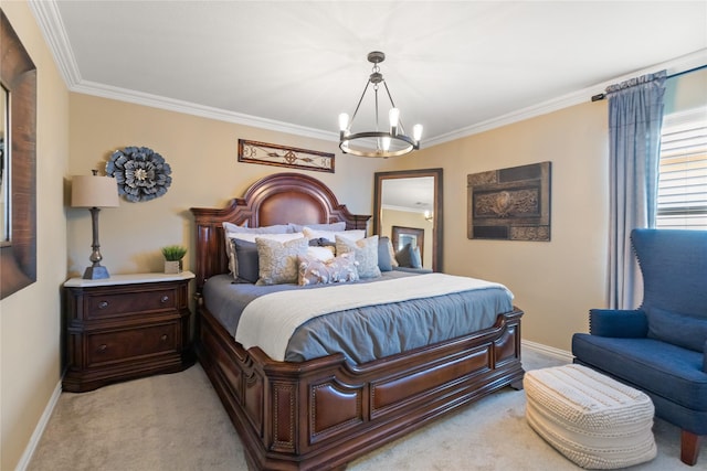 carpeted bedroom with crown molding and an inviting chandelier