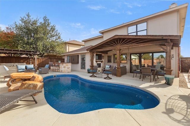 view of pool featuring a gazebo, a pergola, an outdoor hangout area, and a patio area