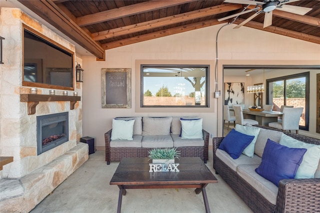 living room featuring wood ceiling, ceiling fan, light carpet, and vaulted ceiling with beams