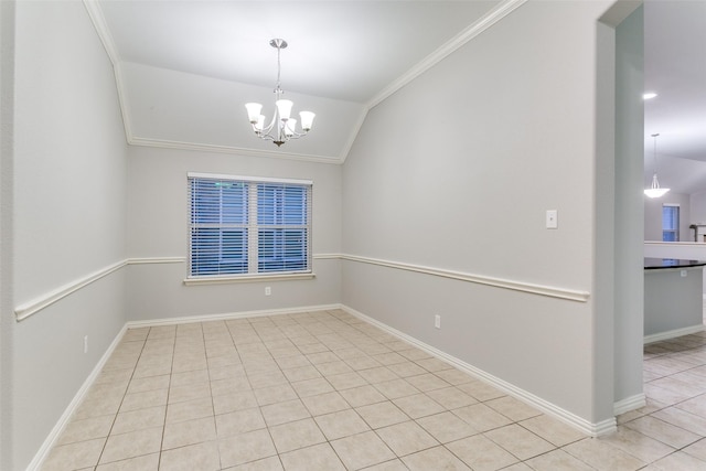 tiled empty room with crown molding, lofted ceiling, and a notable chandelier