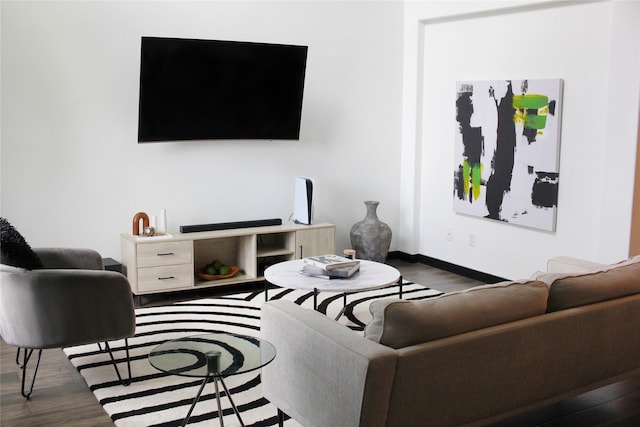 living room featuring dark wood-type flooring