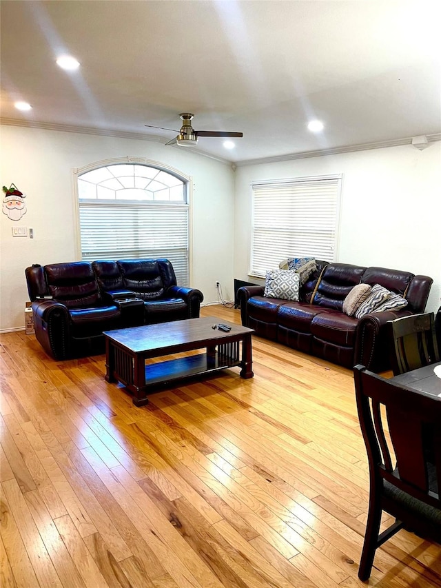 living room with light hardwood / wood-style flooring and ceiling fan