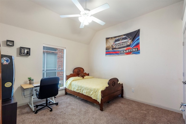 carpeted bedroom featuring vaulted ceiling and ceiling fan