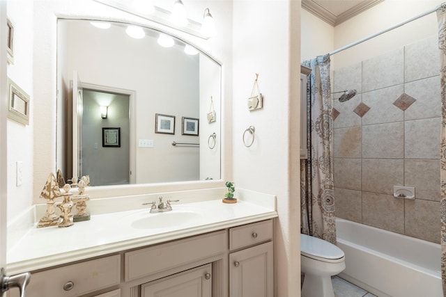 full bathroom with shower / bath combination with curtain, toilet, crown molding, and vanity