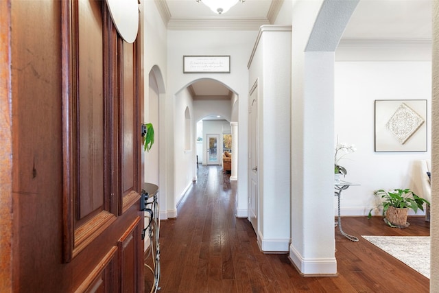 hallway with dark hardwood / wood-style floors and ornamental molding