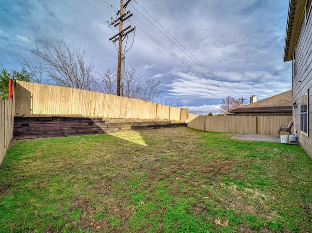 view of yard featuring a patio and a fenced backyard