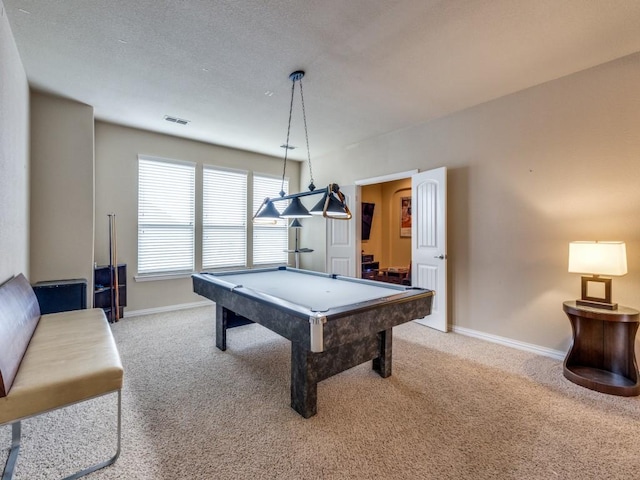 playroom featuring light carpet and billiards