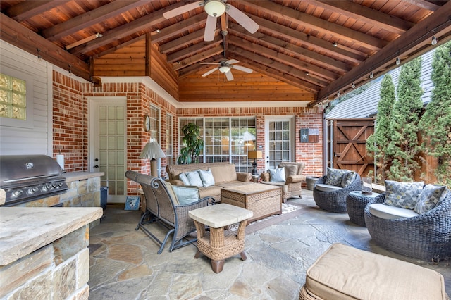 view of patio with outdoor lounge area, grilling area, and a ceiling fan