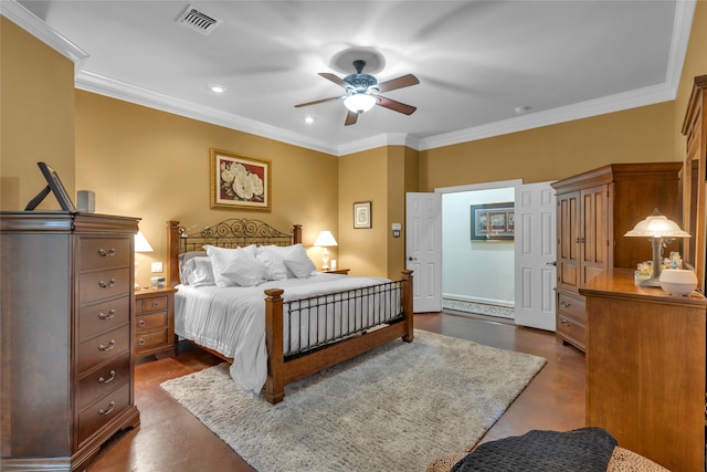 bedroom with concrete flooring, visible vents, ornamental molding, and a ceiling fan