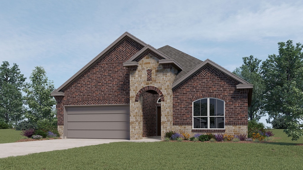 view of front of house with a garage and a front lawn