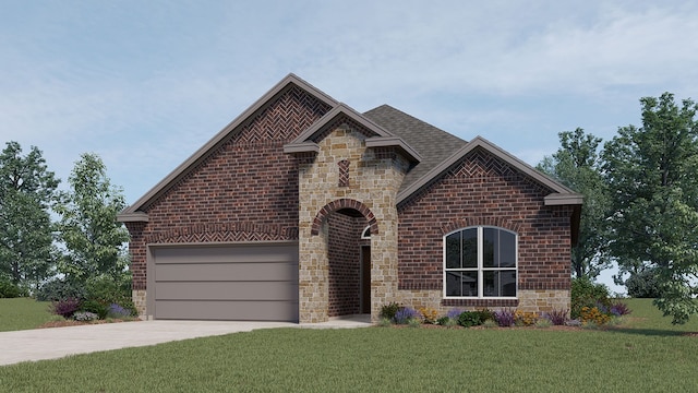 view of front of house with a garage and a front lawn