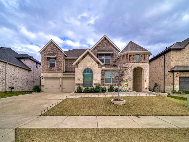 view of front of property featuring a front lawn and a garage