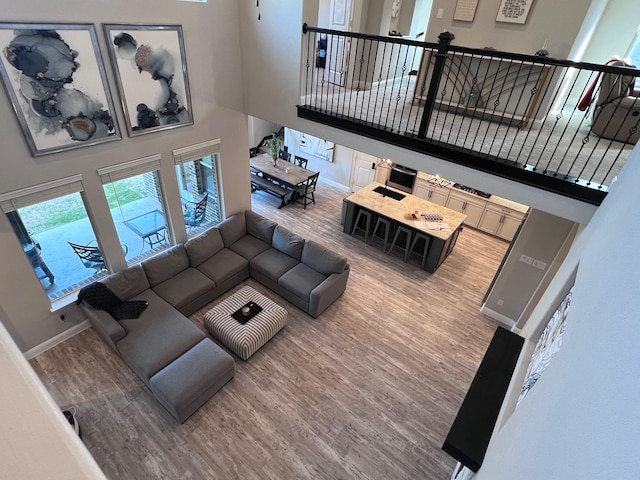 living room with a towering ceiling and hardwood / wood-style floors