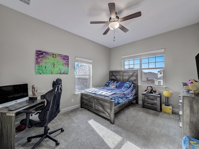 bedroom with light carpet and ceiling fan