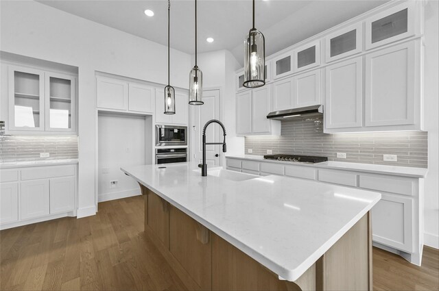 kitchen with appliances with stainless steel finishes, an island with sink, decorative light fixtures, and sink