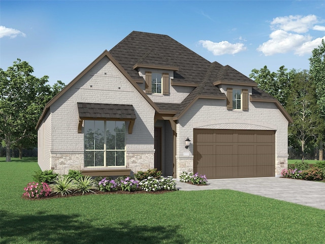 view of front of property with a garage and a front lawn