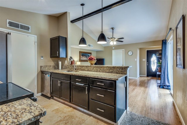 kitchen featuring kitchen peninsula, dark brown cabinets, stainless steel dishwasher, pendant lighting, and lofted ceiling with beams