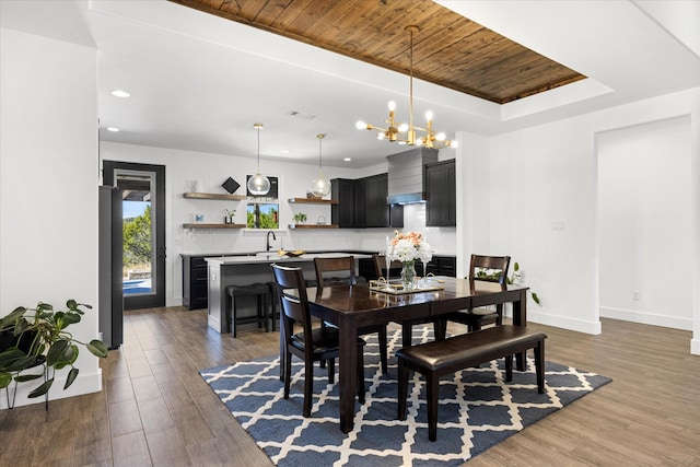 dining area with sink, wooden ceiling, dark hardwood / wood-style floors, and a raised ceiling