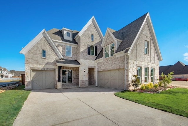 view of front facade with a garage and a front lawn