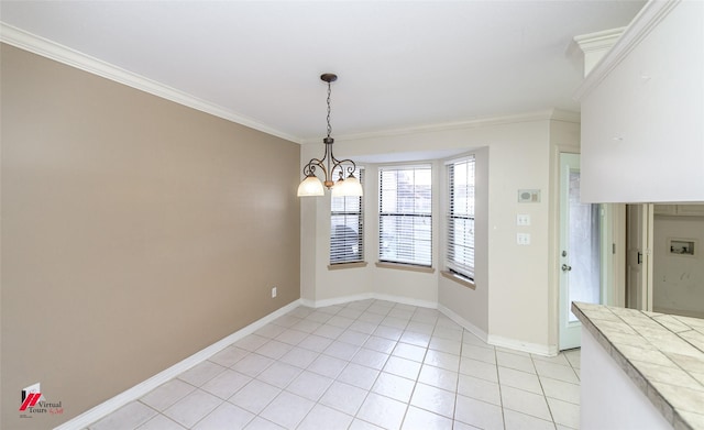 unfurnished dining area with a chandelier, light tile patterned floors, and crown molding