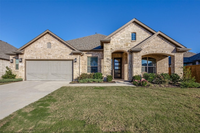 french country home with a garage and a front lawn