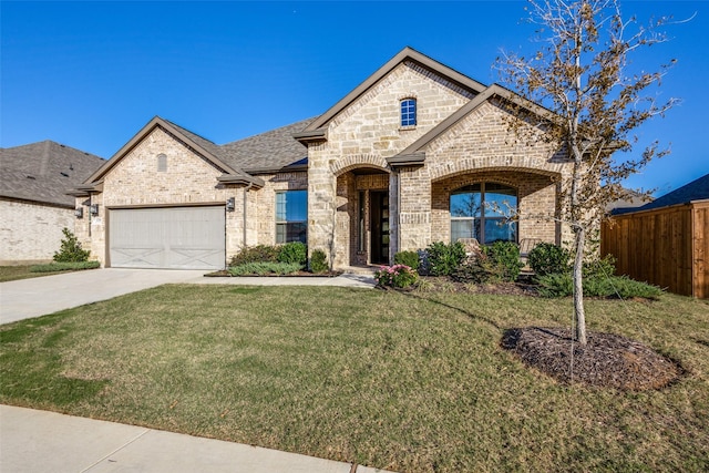 french provincial home with a garage and a front lawn