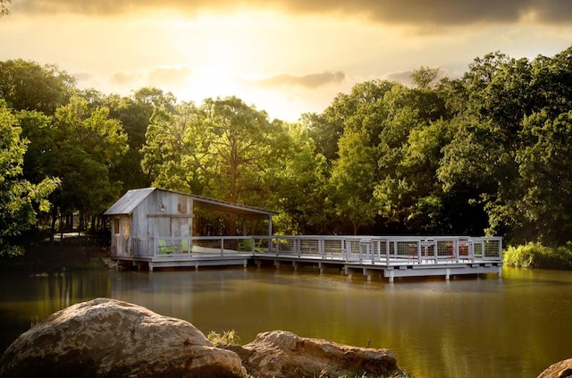 view of dock with a water view