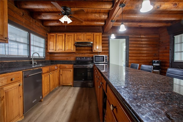 kitchen featuring electric range oven, pendant lighting, black dishwasher, sink, and wooden ceiling