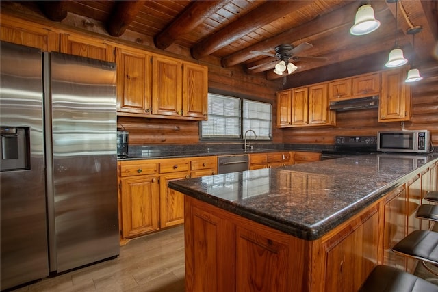 kitchen with beam ceiling, ceiling fan, decorative light fixtures, wood ceiling, and appliances with stainless steel finishes