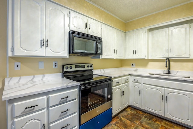 kitchen with sink, white cabinets, stainless steel range with electric stovetop, crown molding, and a textured ceiling