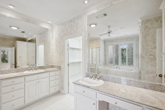 bathroom featuring vanity, ceiling fan, and crown molding