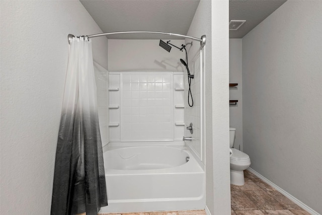 bathroom with toilet and shower / bath combination with curtain