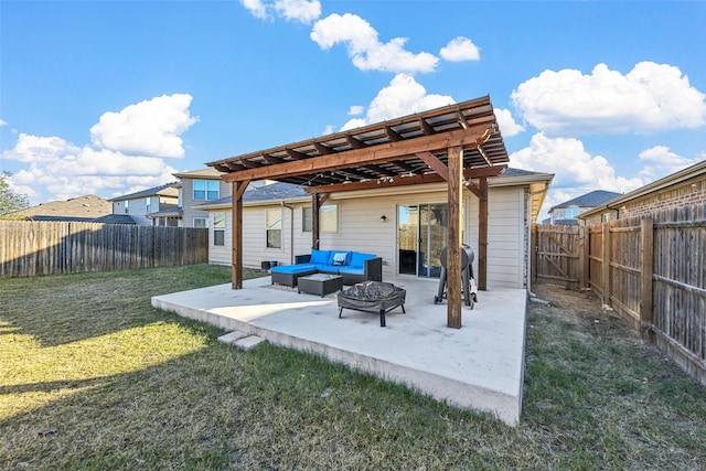 view of patio / terrace with an outdoor living space with a fire pit and a pergola