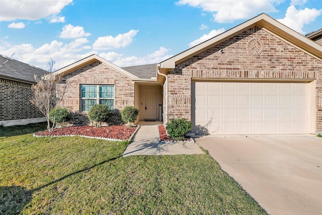 ranch-style house featuring a front yard and a garage