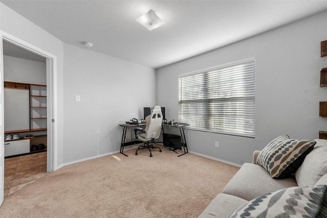 office area featuring light colored carpet