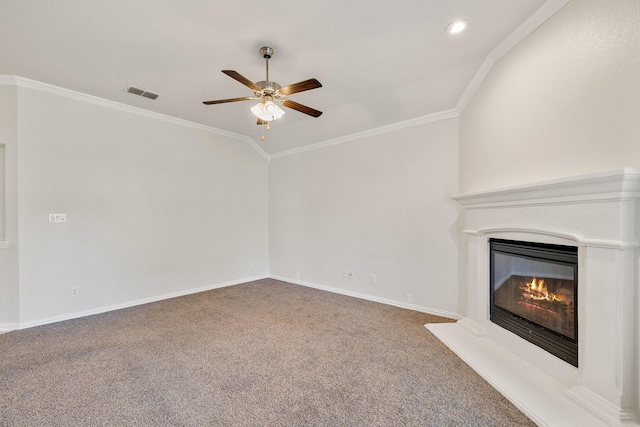 unfurnished living room with crown molding, ceiling fan, and carpet flooring