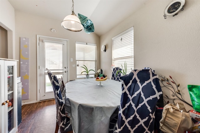 dining room featuring vaulted ceiling and dark wood-type flooring