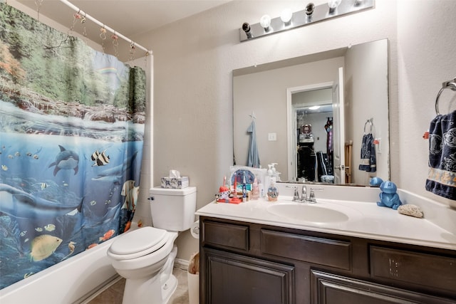 full bathroom featuring shower / bath combination with curtain, toilet, and vanity